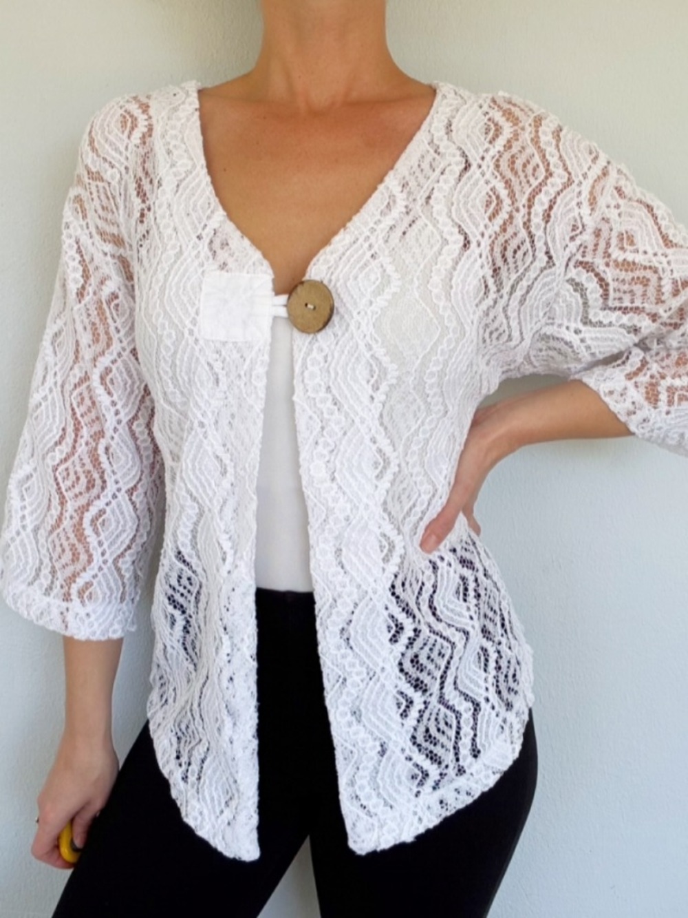 Mirror Image white sheer lace single button cotton blend cardigan size medium